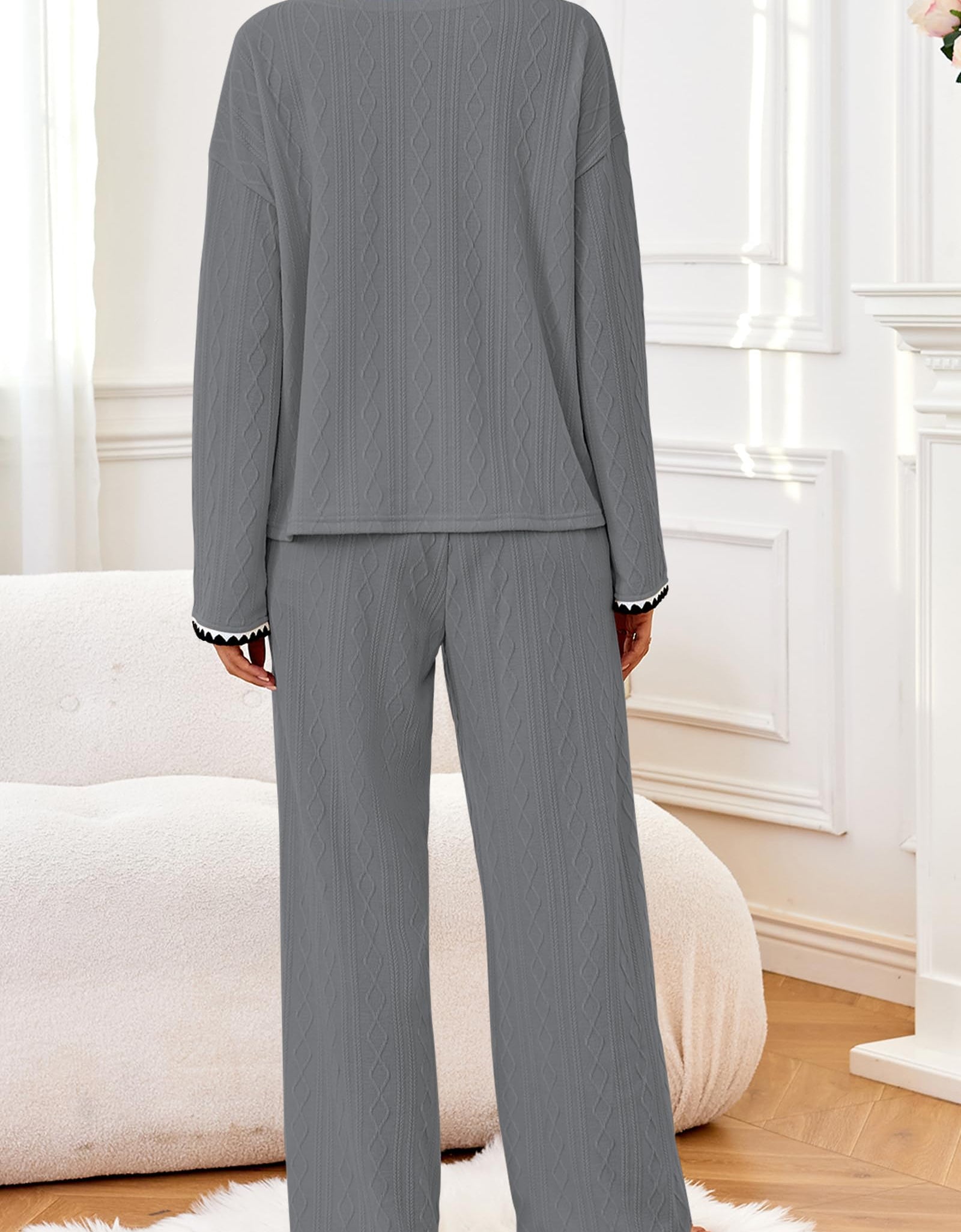 GUOLEZEEV Two Piece Lounge Set Soft Pajama Long Sleeve Pant Gray Size L
