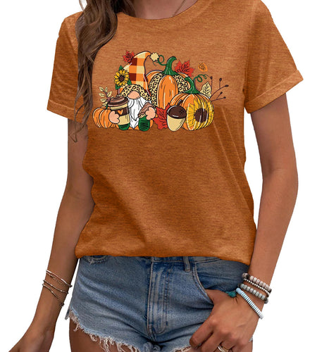 MAIHUN Womens Thanksgiving Shirt Cute Gnomes Pumpkin Fall Short Sleeve Size S