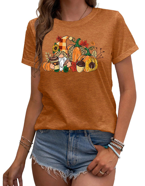 Load image into Gallery viewer, MAIHUN Womens Thanksgiving Shirt Cute Gnomes Pumpkin Fall Short Sleeve Size S
