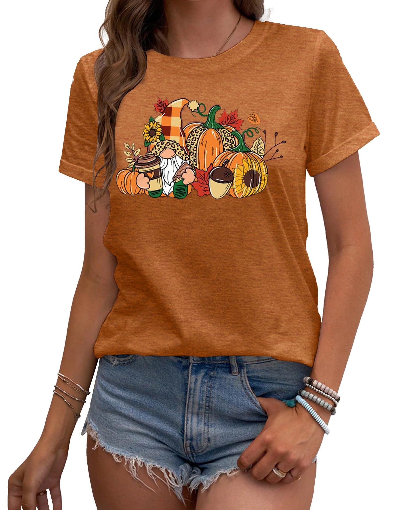 MAIHUN Womens Thanksgiving Shirt Cute Gnomes Pumpkin Fall Short Sleeve Size S