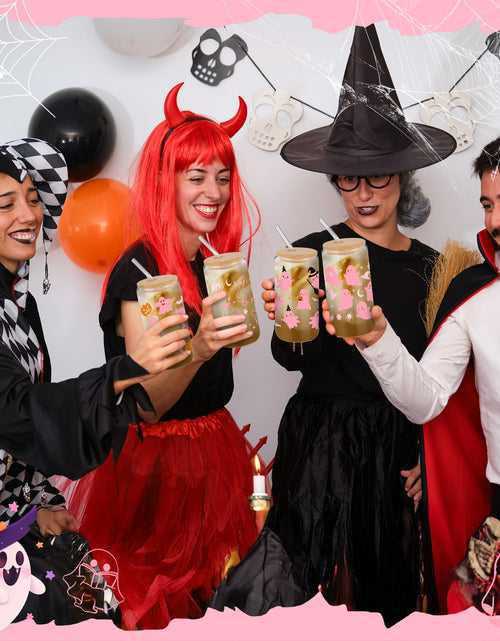 Load image into Gallery viewer, Acellegic Halloween Glass Cups 16oz Bamboo Lids Straws 12pcs White
