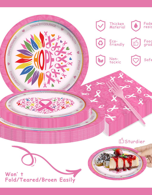 Load image into Gallery viewer, Detanpoly 96pcs Breast Cancer Awareness Pink Ribbon Plates Napkins Forks Set
