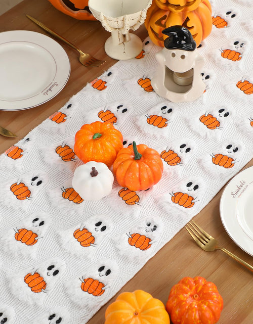 Load image into Gallery viewer, Frienda Fall Ghost Pumpkin Table Runner Ivory Plush 13x72 Inch
