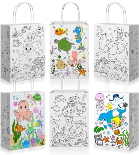 Yaomiao 24 Pcs Color Your Own Kraft Paper Tote Bags Sea Blue