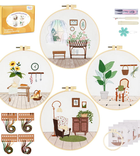 4 Pack Beginner Embroidery Kits DIY Starter Kit w Hoop Threads Tools
