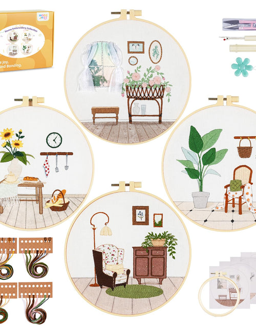 Load image into Gallery viewer, 4 Pack Beginner Embroidery Kits DIY Starter Kit w Hoop Threads Tools
