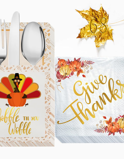 Load image into Gallery viewer, Qeqczow Thanksgiving Gold Foil Napkins &amp; Cutlery Holders Set 68 Pcs
