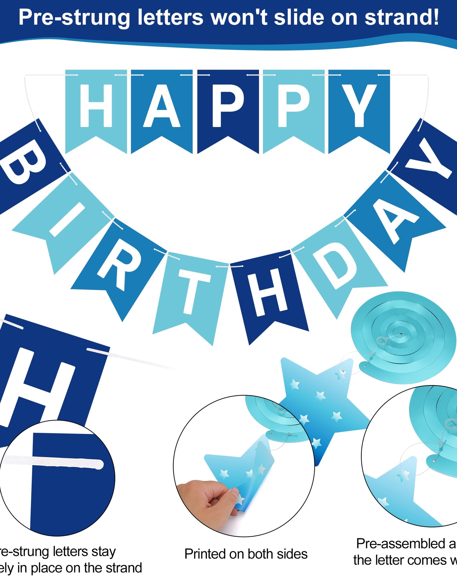 Crosize Blue Birthday Decorations Kit Pre-Strung Banner Tissue Poms Star Garland