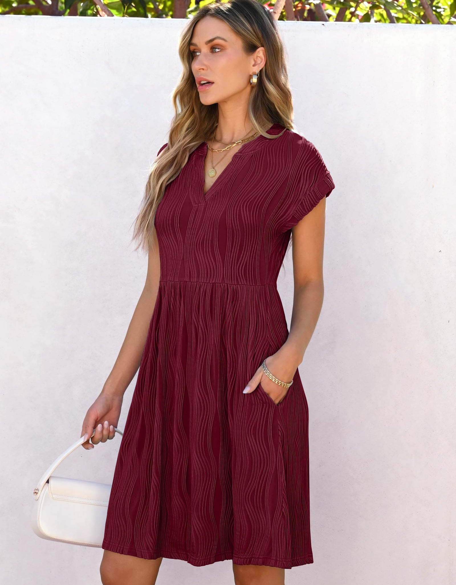 ANRABESS Womens Summer V Neck Cap Sleeve Tunic Dress Wine Red Size L