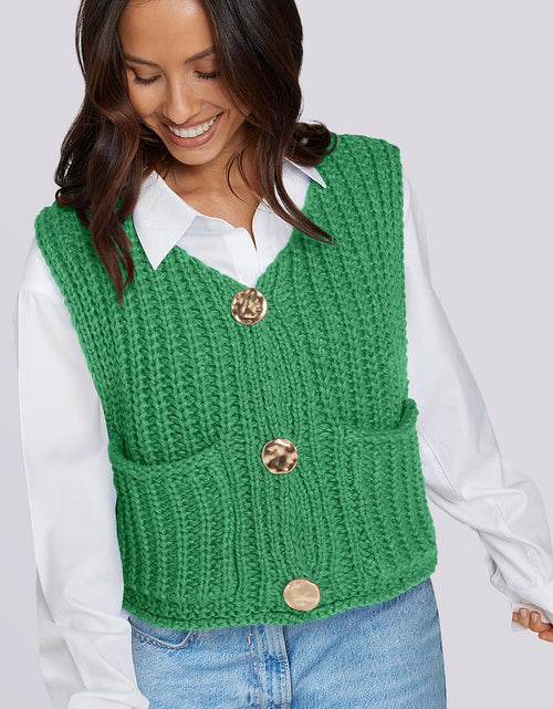 Load image into Gallery viewer, UEU Women's V Neck Crochet Sweater Vest Sleeveless Cardigan Green Size M

