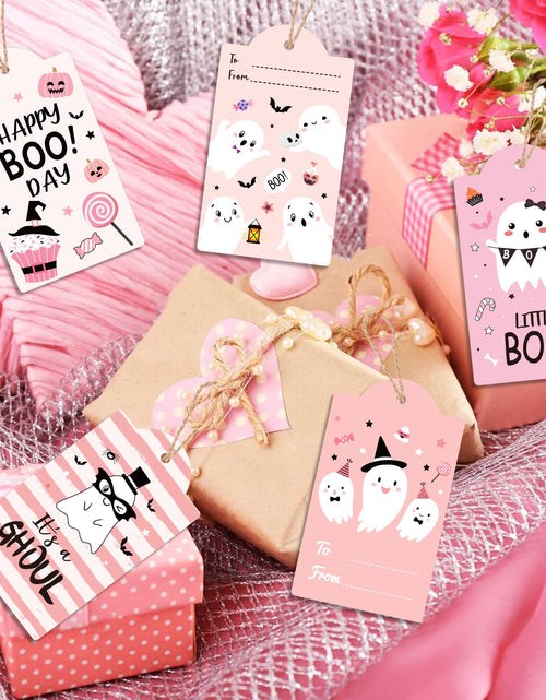 Load image into Gallery viewer, MOZUI Halloween Thank You Tags 60pcs Pink Black Ghost Pumpkin Kraft Paper
