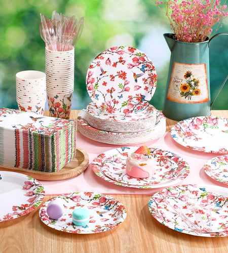 Sinmoe 400 Pcs Spring Plates Napkins Disposable Dinnerware Set Multicolor Bird