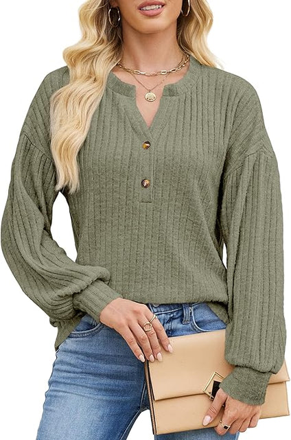 Load image into Gallery viewer, Edelqual Womens Long Sleeve Henley V Neck Sweater Top Green Size M
