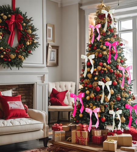 WISEgham Satin Ribbon Bows Christmas Tree Wreath Decor Pink Beige 24 Pc 8.1x9in