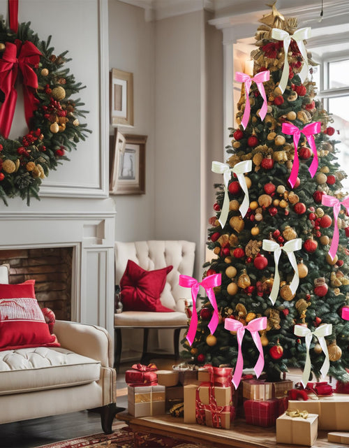 Load image into Gallery viewer, WISEgham Satin Ribbon Bows Christmas Tree Wreath Decor Pink Beige 24 Pc 8.1x9in
