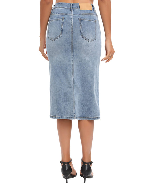 Load image into Gallery viewer, ETTELO Midi Denim Skirt High Waisted Slit Casual Stretch Deep Blue Size XX-Large
