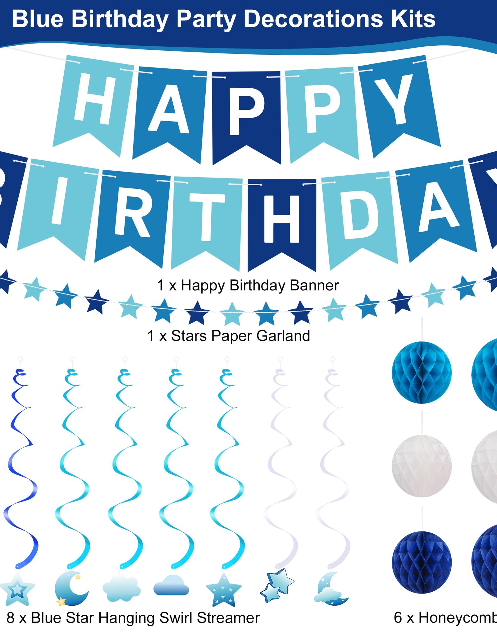 Crosize Blue Birthday Decorations Kit Pre-Strung Banner Tissue Poms Star Garland