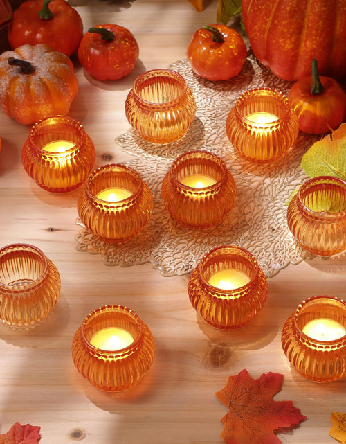 Load image into Gallery viewer, Mumufy 12 Pcs Orange Pumpkin Glass Votive Candle Holders Thanksgiving Decor
