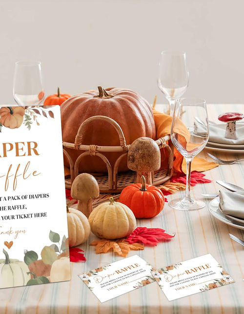Load image into Gallery viewer, Serach Little Pumpkin Baby Shower Diaper Raffle Sign with Stand &amp; 50 Tickets
