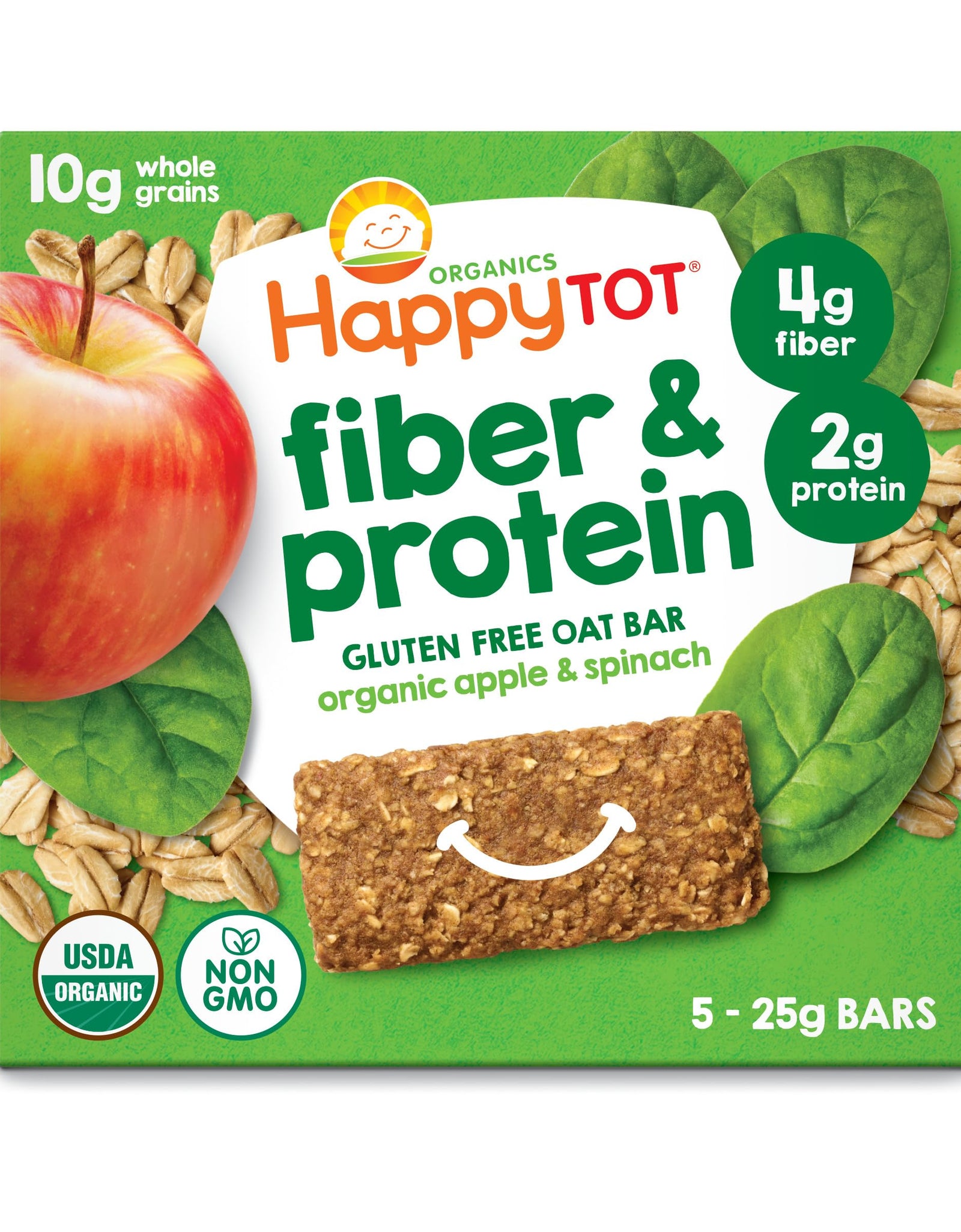 HAPPYTOT Organics Toddler Oat Bars Apple Spinach Soft-Baked 0.88oz 5Count 6 Pack