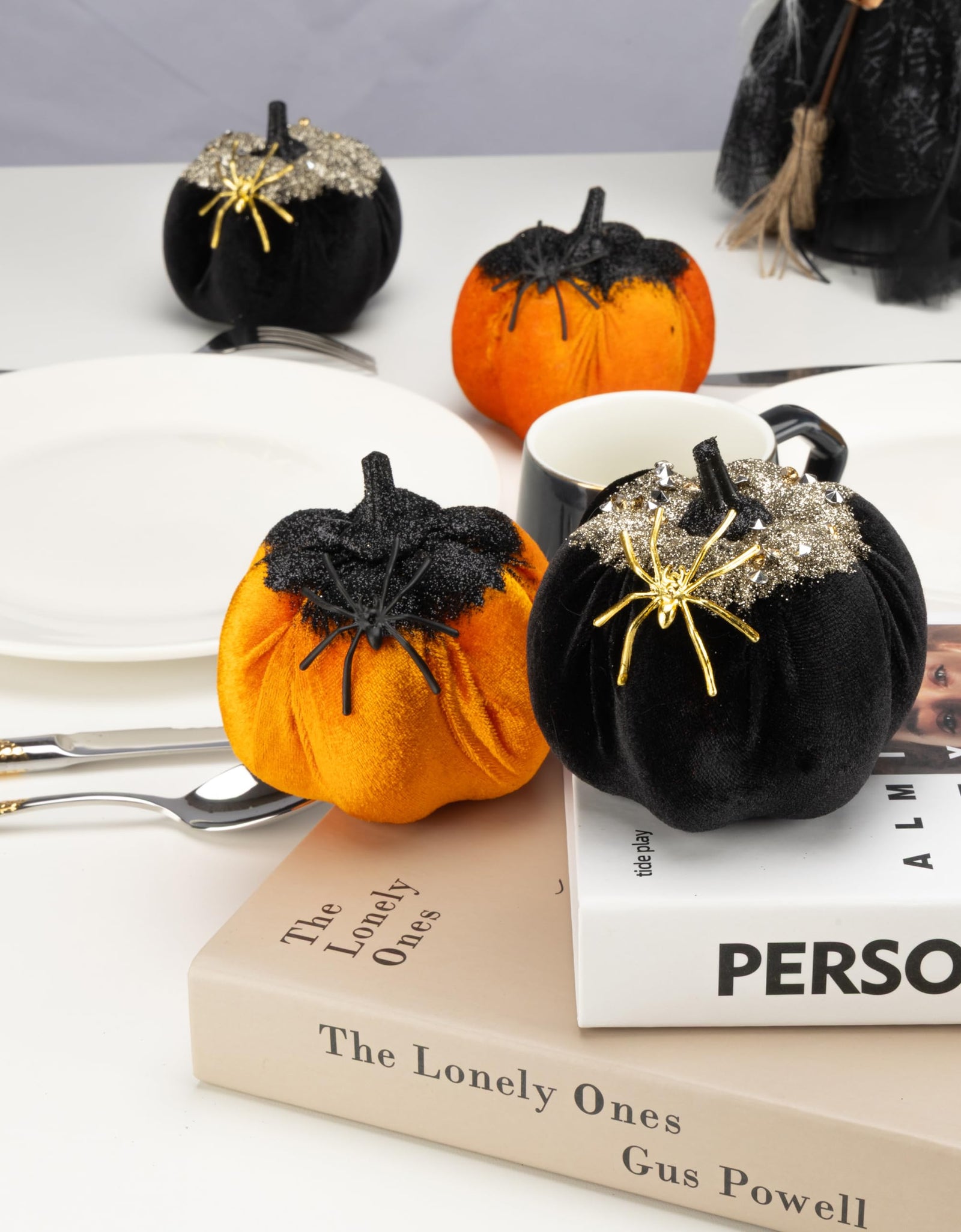 Generic Velvet Halloween Pumpkin Decor 4PCS Black Orange 3.94x3.54in