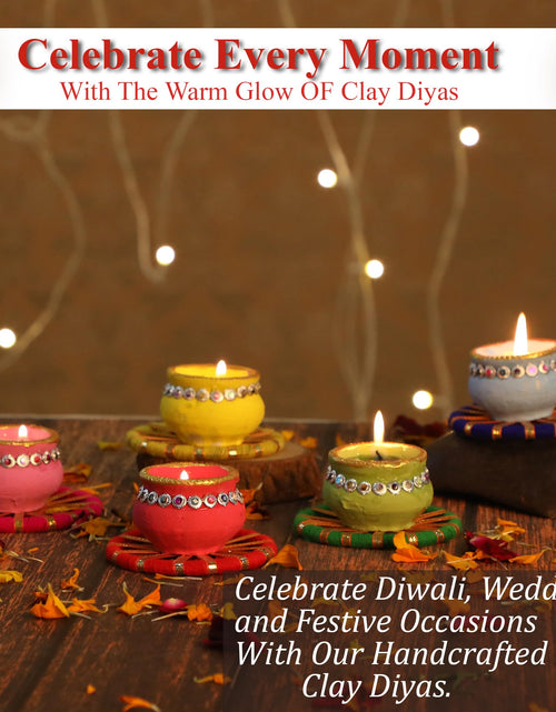 Load image into Gallery viewer, 4OUR FAITH Matki Wax Filled Diya Set Handpainted Terracotta 6 Pc Multicolor
