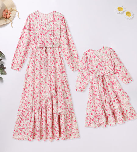 AWIBMK Mommy and Me Floral Boho A-Line V Neck Long Sleeve Dress Blue Pink Size L