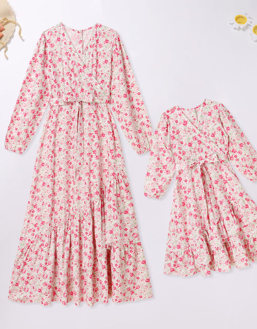 Load image into Gallery viewer, AWIBMK Mommy and Me Floral Boho A-Line V Neck Long Sleeve Dress Blue Pink Size L
