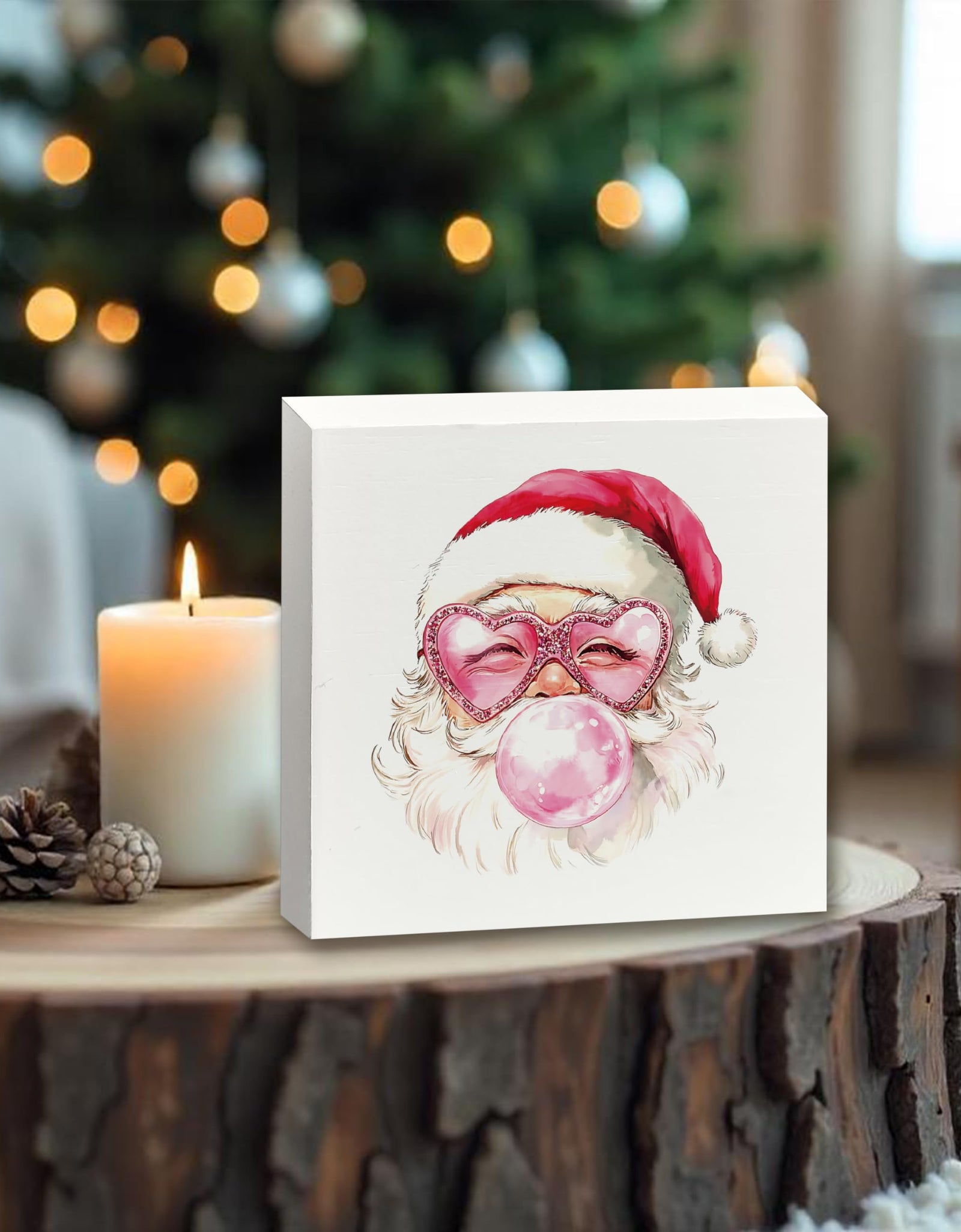 XUNLURY Santa Wooden Box Sign Pink Christmas Decor 5x5 Inch