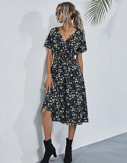 Load image into Gallery viewer, HEBELD Womens Midi Floral V Neck Wrap Dress Elastic Waist Black Size M
