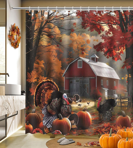 MEHOFOND Thanksgiving Waterproof Fabric Shower Curtain Red Barn 72x72 Inch