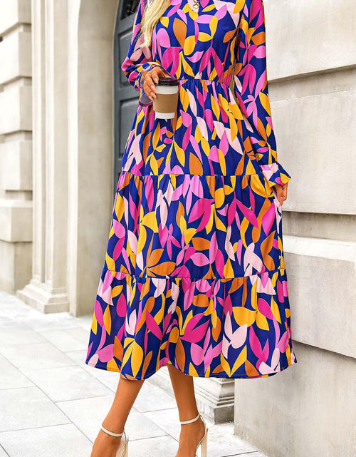 Load image into Gallery viewer, KIRUNDO Womens Long Sleeve Boho Floral Midi Dress Blue Purple Size M
