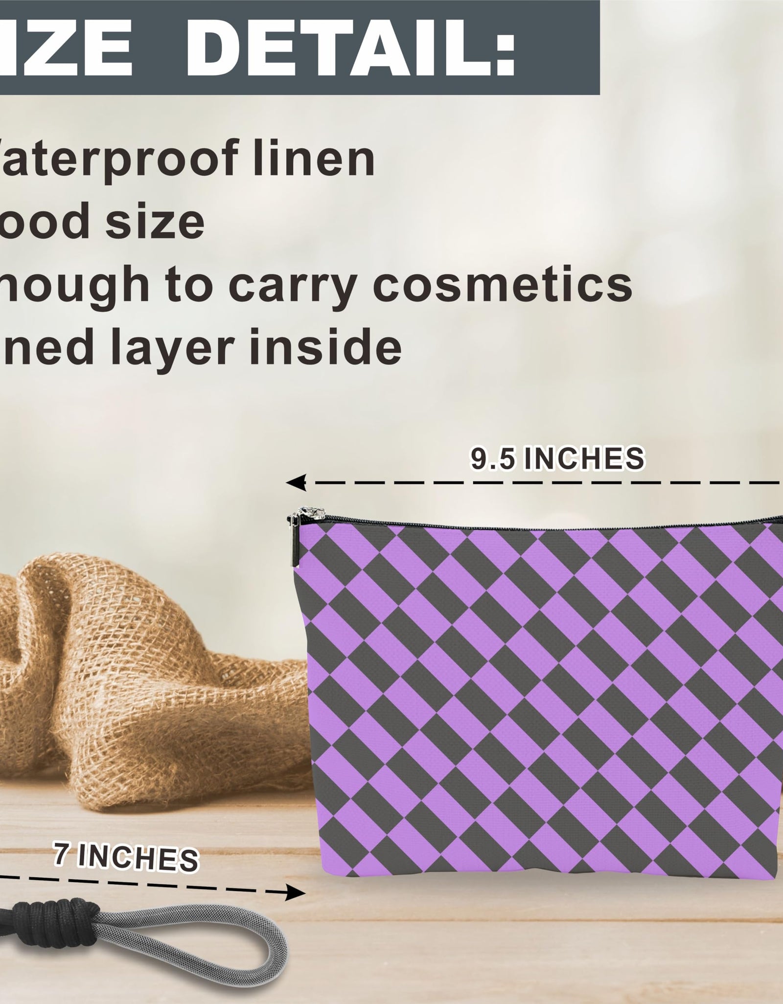 luixd Cosmetic Makeup Bag Travel Pouch Organizer Black Purple Checkerboard