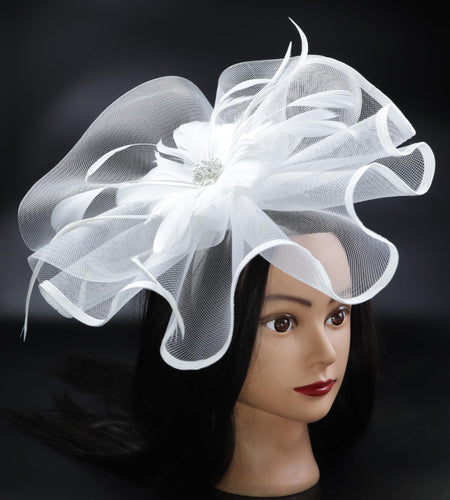 Needzo White Floral Feather Mesh Fascinator Headband Hair Clip One Size