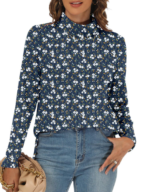Load image into Gallery viewer, GOUCEHN Women Turtleneck Sweater Pullover Lightweight Blue-White Flo Size XL
