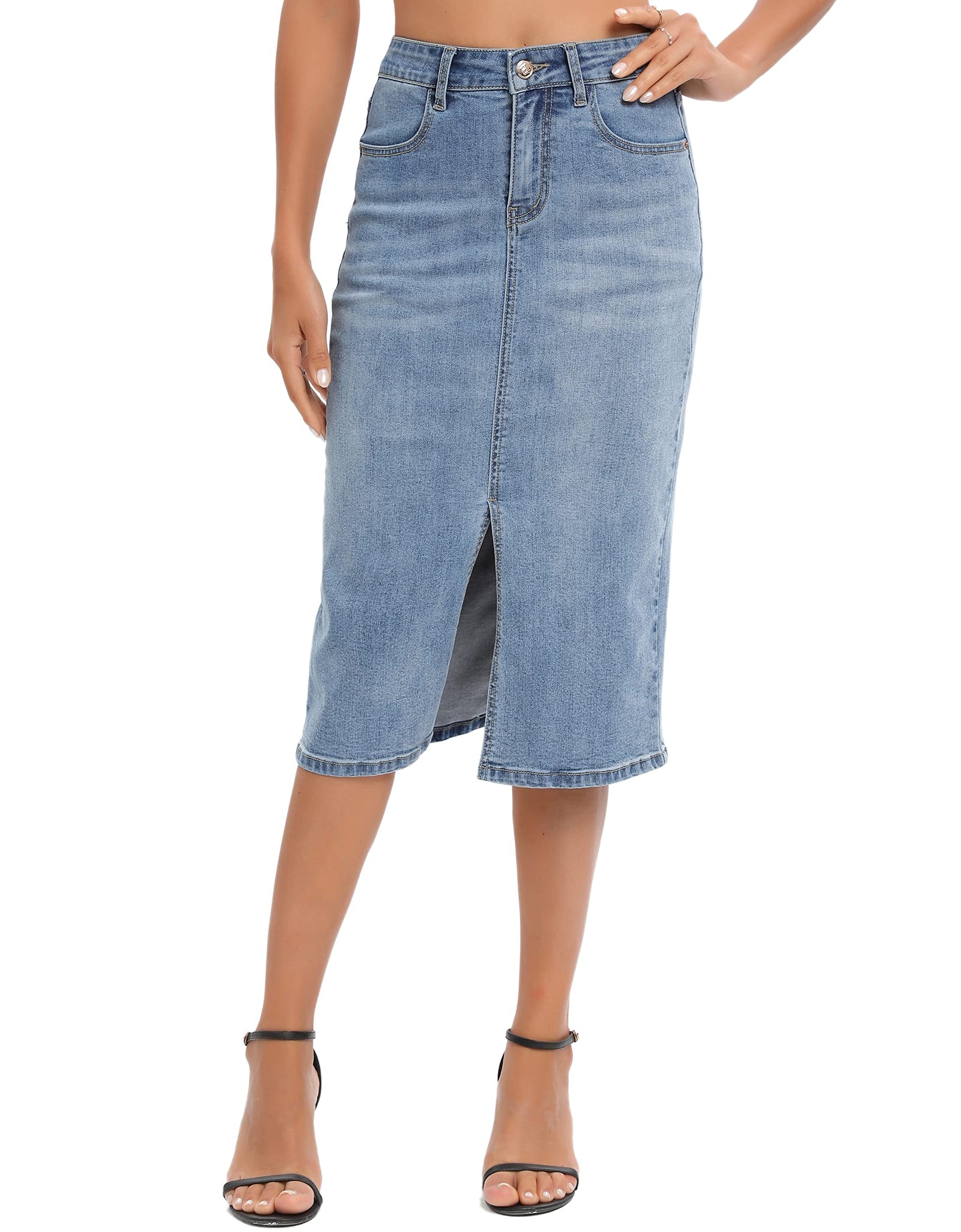ETTELO Midi Denim Skirt High Waisted Slit Casual Stretch Deep Blue Size XX-Large