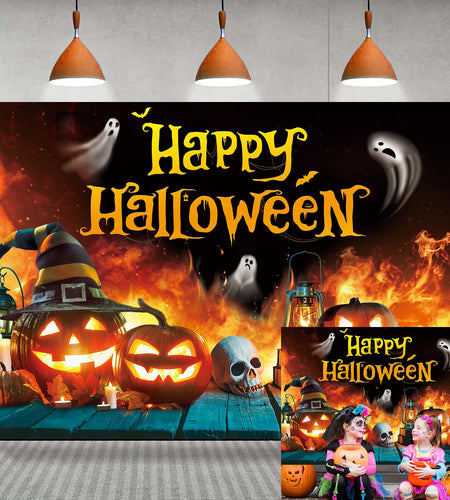 Happy Halloween Backdrop Ghost Pumpkin Flame Haunted House Party Banner 6x4FT