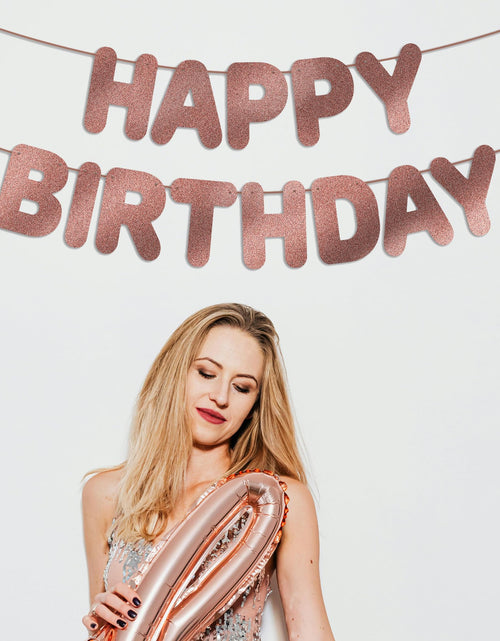 Load image into Gallery viewer, JunyRuny Pre-Strung Happy Birthday Banner Rose Gold Glitter Party Decor
