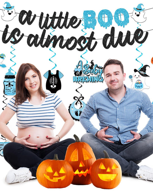 Load image into Gallery viewer, OGMOGKW Halloween Baby Shower Banner Blue A Little Boo Is Almost Due
