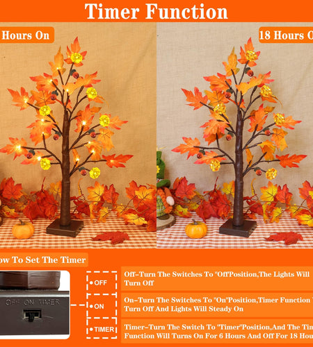 TURNMEON 2Pack 24in Prelit Fall Maple Tree Lights48 LED Timer Battery Orange Red