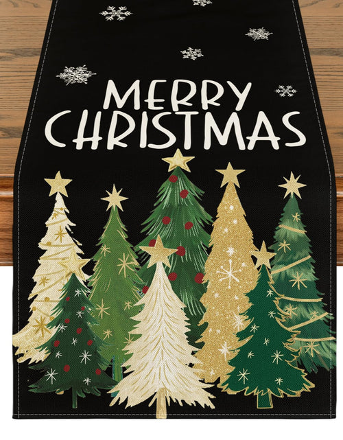 Load image into Gallery viewer, Artoid Mode Xmas Trees Snowflakes Table Runner Black 13x36 Inch
