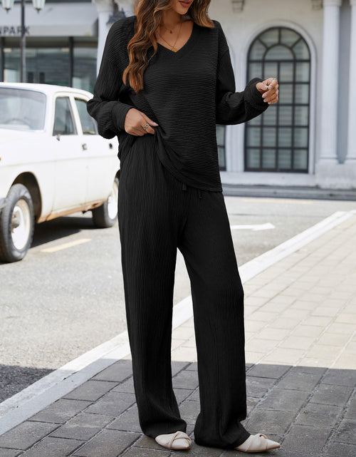 Load image into Gallery viewer, Amoretu Women's Lounge Set V Neck Top Wide Leg Drawstring Pants Black Size L

