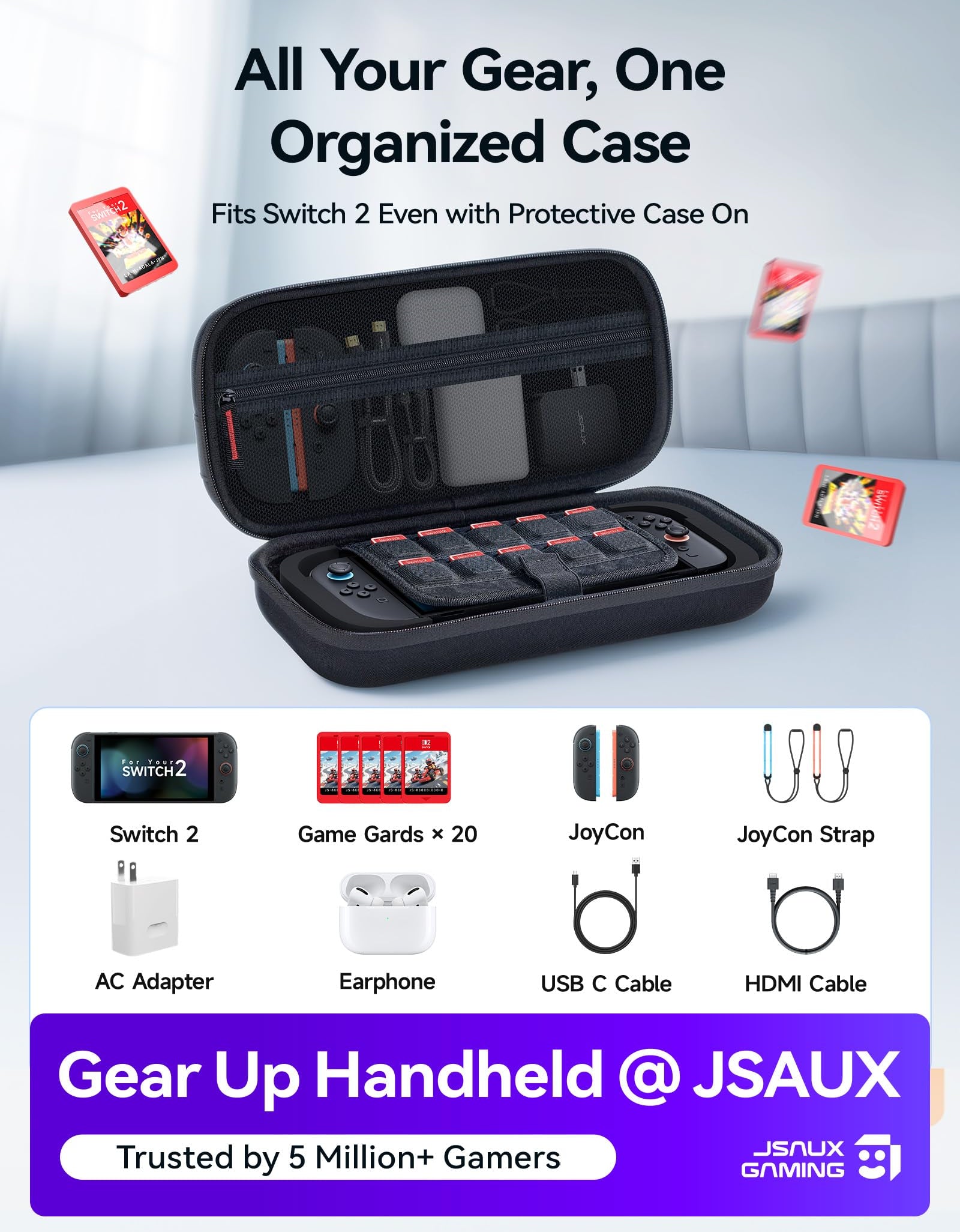 JSAUX Large Capacity Hard Shell Carrying Case Nintendo Switch 2, 20 Slots Black