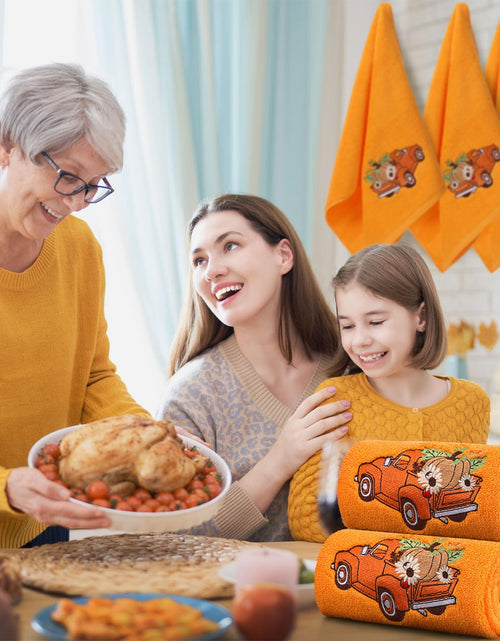 Load image into Gallery viewer, Fanfanwin 3 Pcs Thanksgiving Hand Towels Orange Pumpkin 13.8x29.5 Inch Cotton
