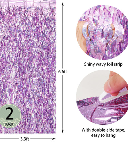 WBinFeng Lilac Pink Wave Party Backdrop Foil Fringe Curtain Streamers 2 Pack