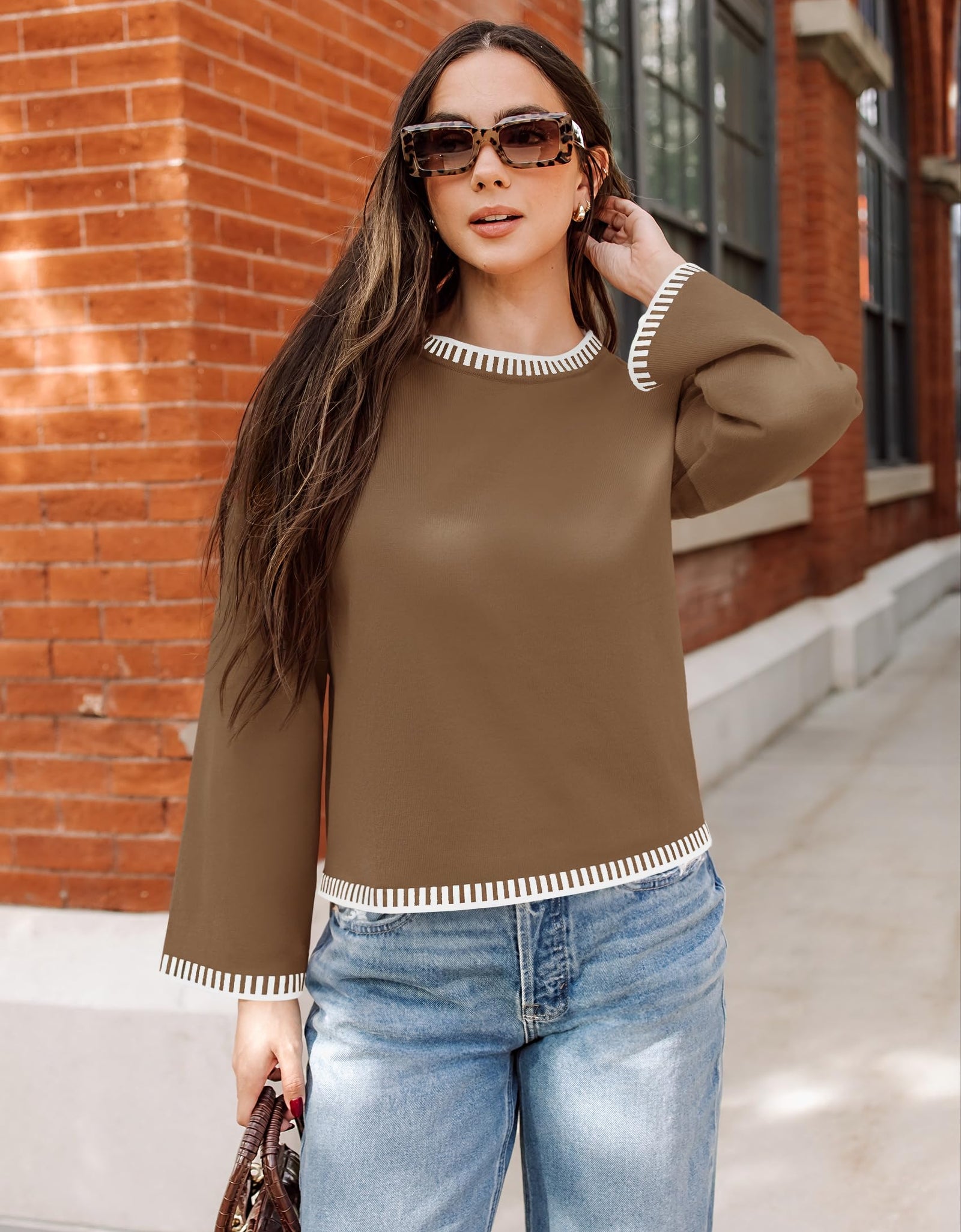 ZESICA Women's Oversized Ribbed Knit Sweater Crewneck Brown Size S