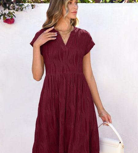 ANRABESS Womens Summer V Neck Cap Sleeve Tunic Dress Wine Red Size L
