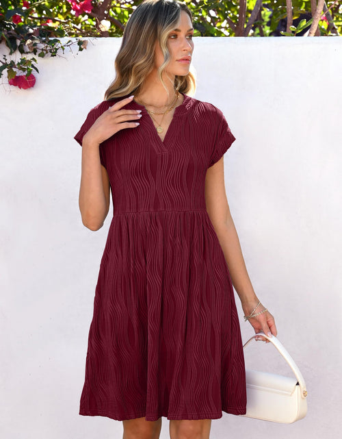Load image into Gallery viewer, ANRABESS Womens Summer V Neck Cap Sleeve Tunic Dress Wine Red Size L
