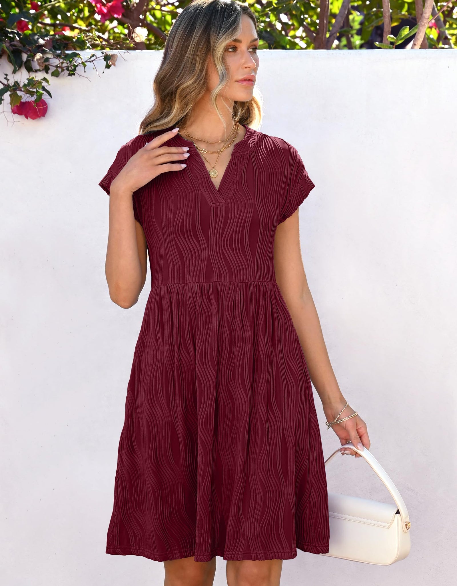 ANRABESS Womens Summer V Neck Cap Sleeve Tunic Dress Wine Red Size L