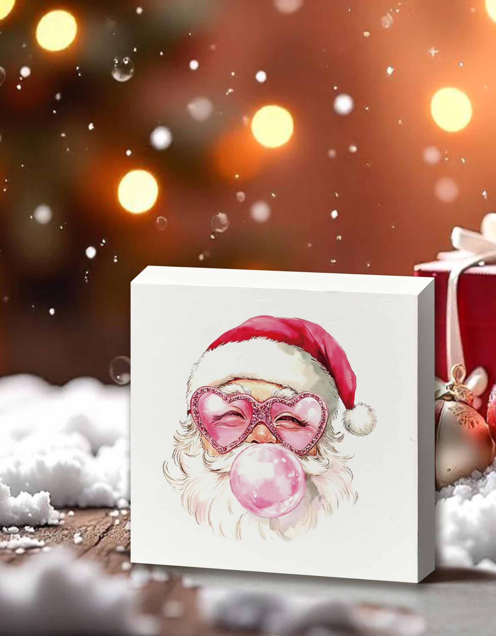 XUNLURY Santa Wooden Box Sign Pink Christmas Decor 5x5 Inch